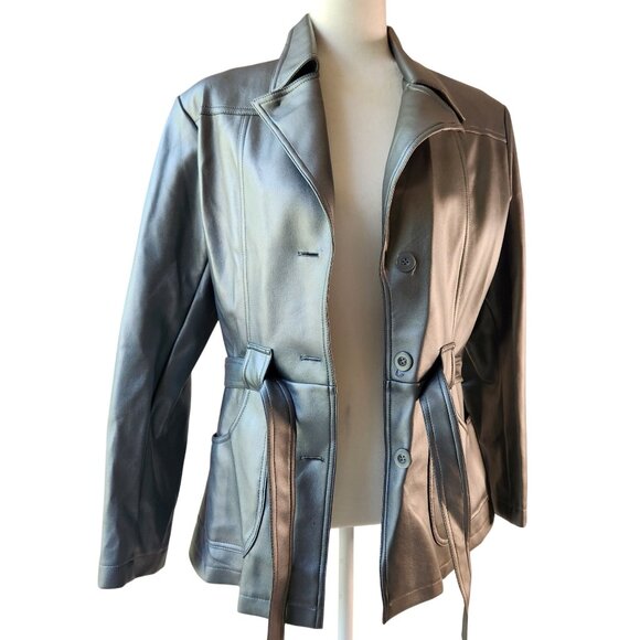 Vintage Y2K BB Dakota Faux Leather Jacket Silver Gray Belted Waist Womens Medium - Picture 3 of 7